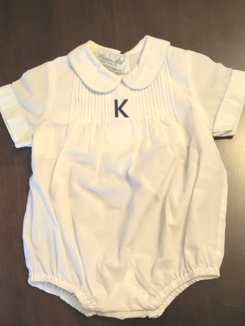 Monogrammed White Baby Bubble Romper with Navy K - Picture 1 of 5